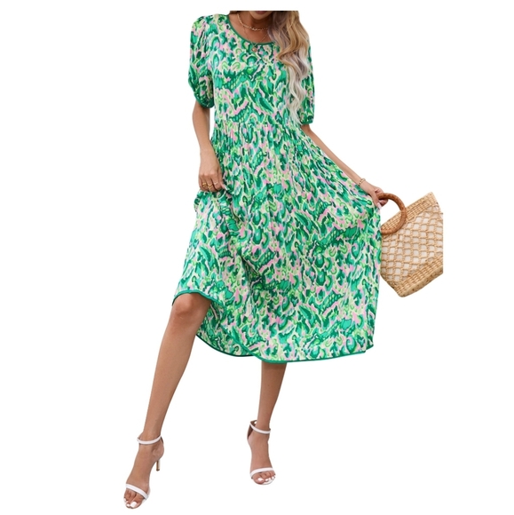Umgee Dresses & Skirts - Umgee Green Pink Printed Crew Neck Puffer Sleeves Open Back Midi Dress - Size: M